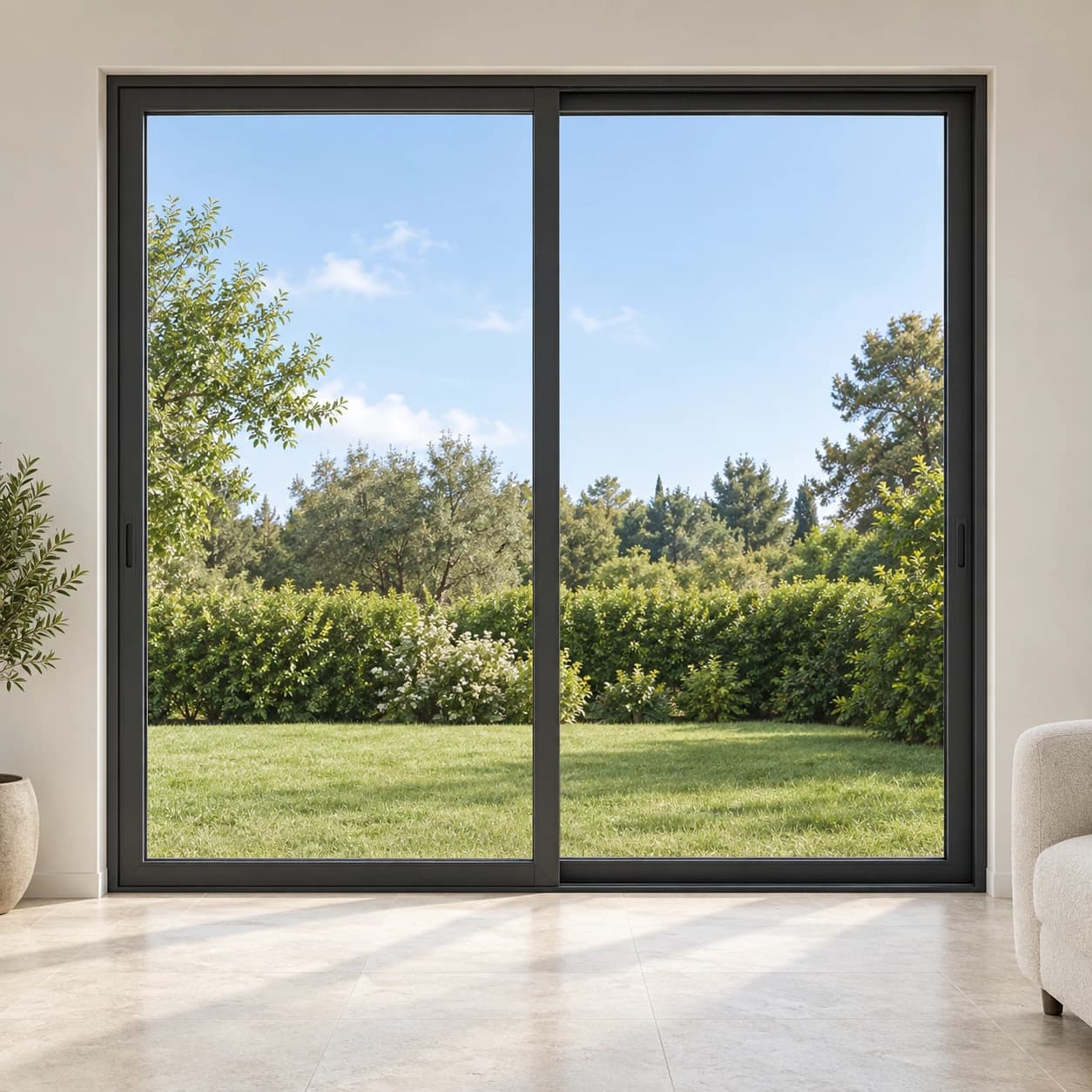 Baie coulissante aluminium gris anthracite à deux vantaux ouvrant sur un jardin