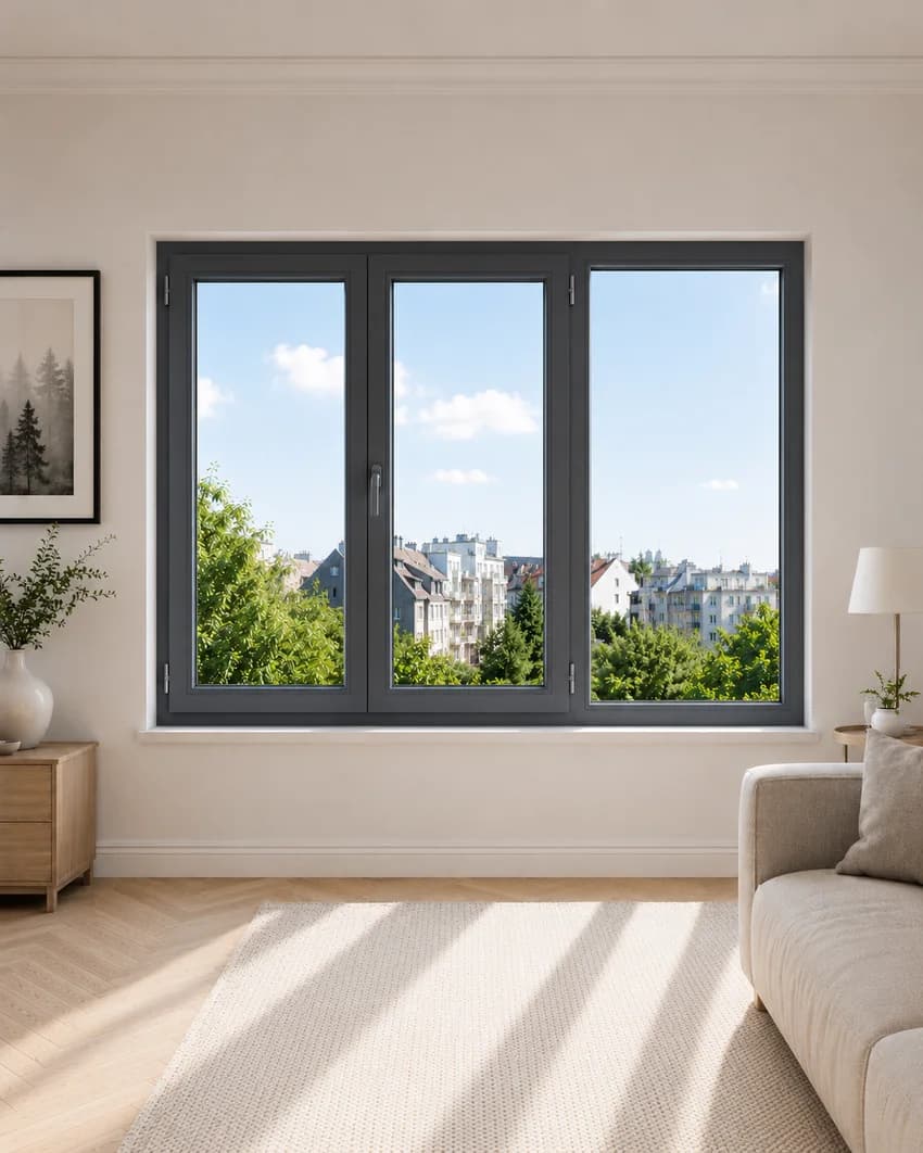 Fenêtre aluminium gris anthracite à trois vantaux, la partie fixe séparée par un meneau