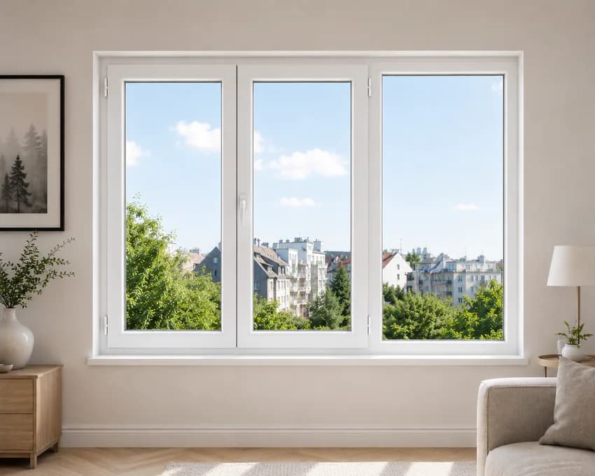 Fenêtre PVC blanche à trois vantaux dans un séjour lumineux