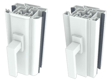 Coupe de deux profilés de fenêtre PVC Confort, arrondi et droit, montrant les chambres d’isolation