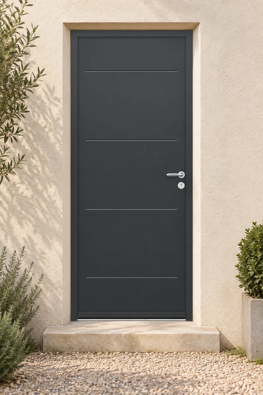 Porte d’entrée posée dans son tableau, avec la largeur et la hauteur à mesurer