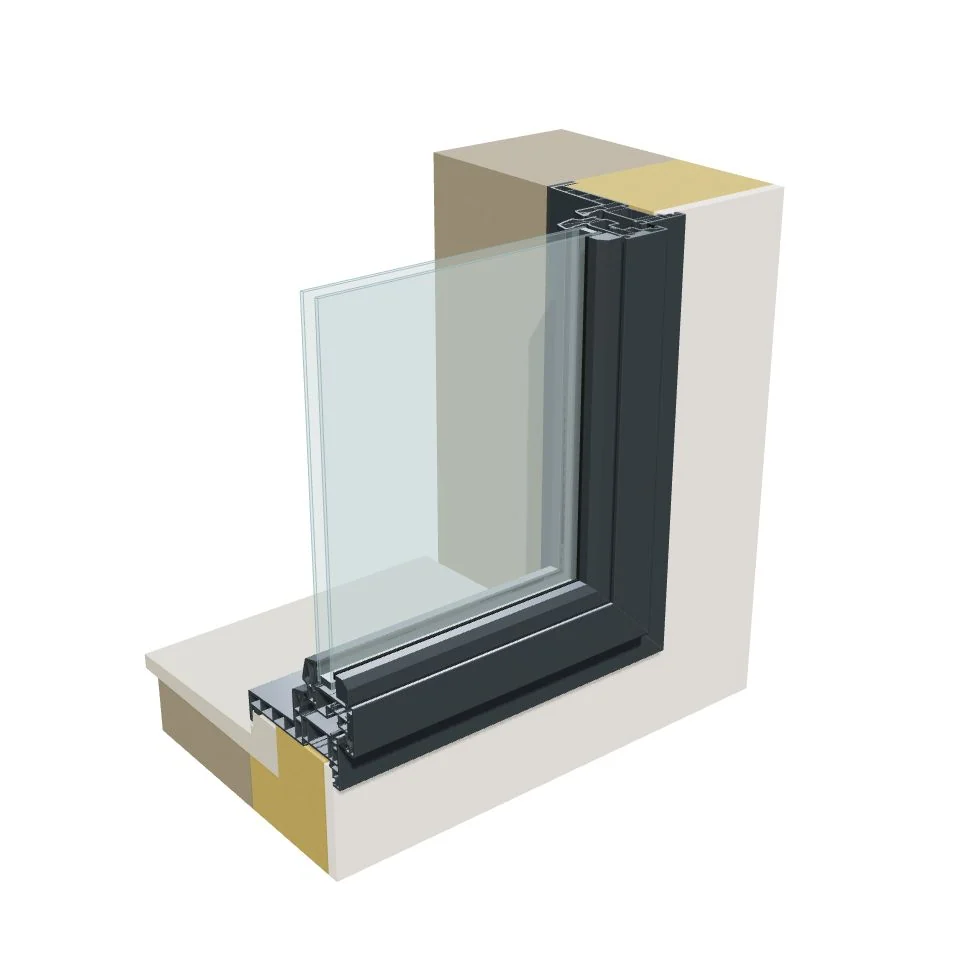 Rendu 3D en coupe d’une fenêtre posée en applique, avec la tapée qui rejoint le doublage isolant intérieur