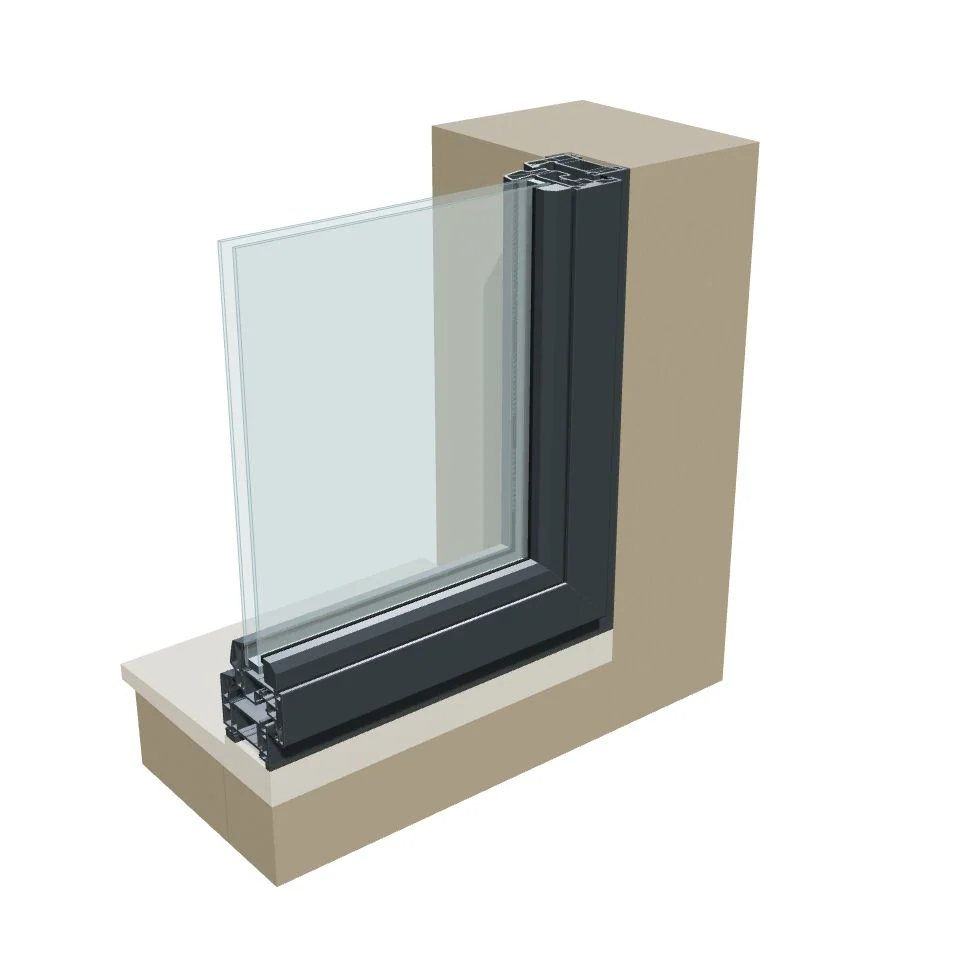Rendu 3D d’une fenêtre PVC posée en feuillure, dans le décroché de la maçonnerie
