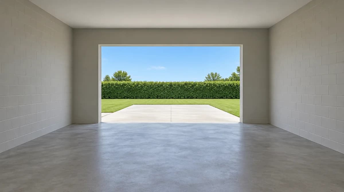 Ouverture de garage vide vue en perspective, avec la largeur, la hauteur et la longueur de mur libre pour le refoulement