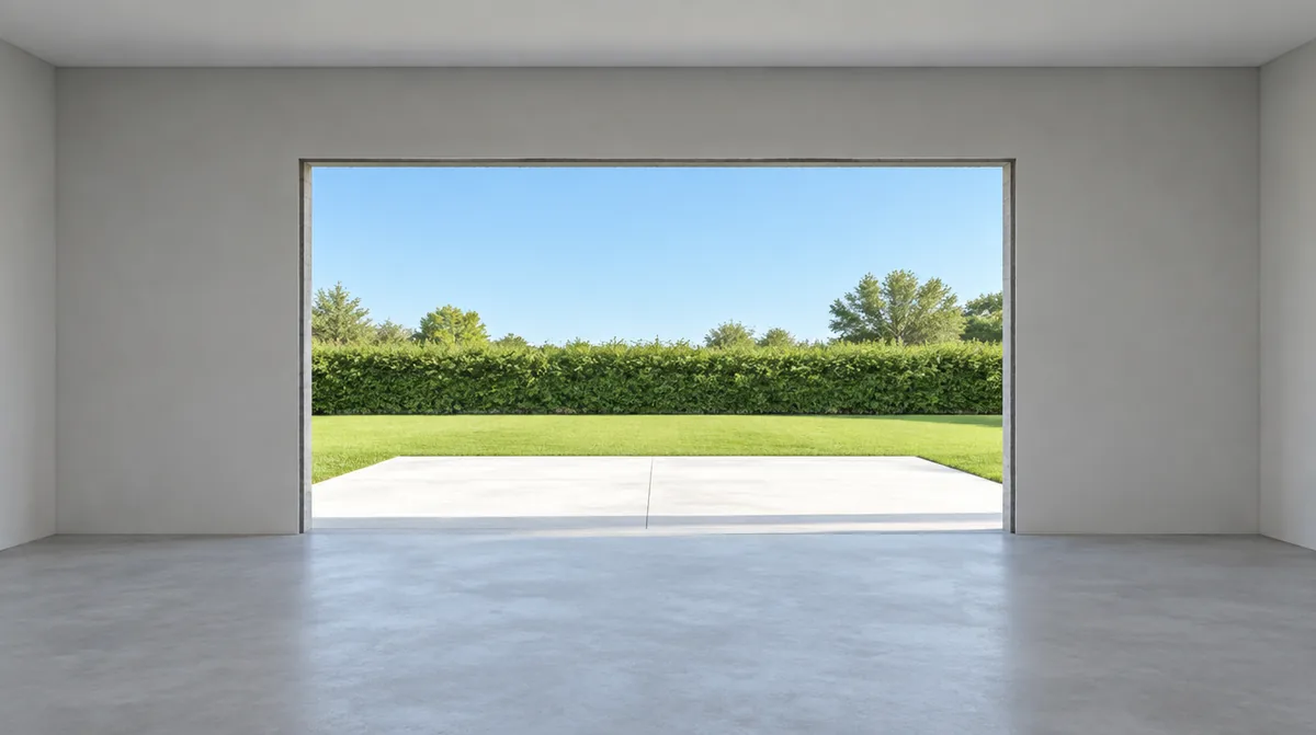 Ouverture de garage vide vue depuis l’intérieur, avec la largeur, la hauteur, la retombée de linteau et les deux écoinçons à mesurer