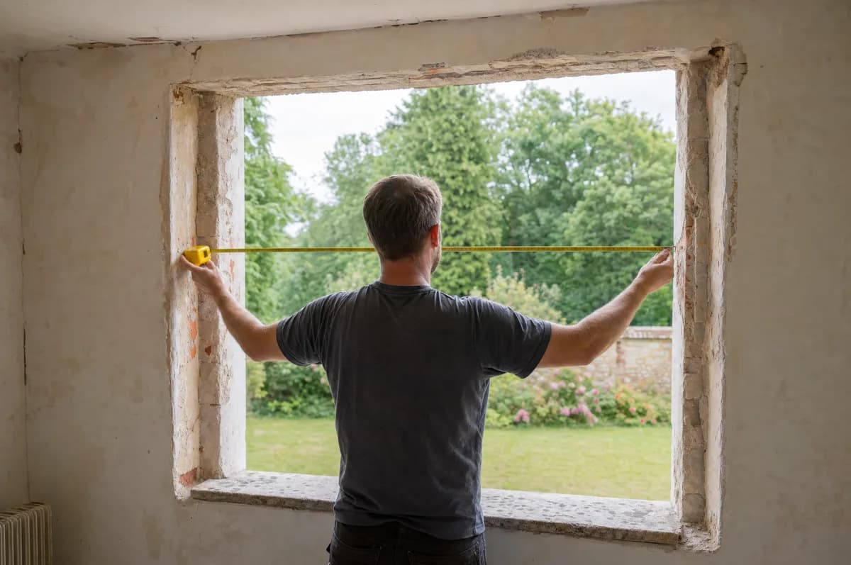 Homme mesurant au mètre ruban la largeur d’une embrasure de fenêtre vide, entre les deux tableaux du mur