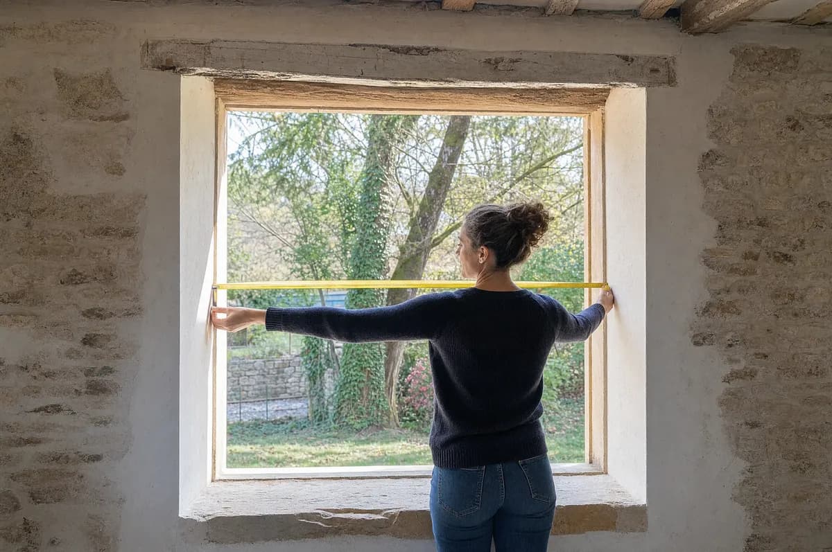 Mesure au mètre ruban de la largeur d’une ouverture de fenêtre vide, entre les deux côtés du tableau