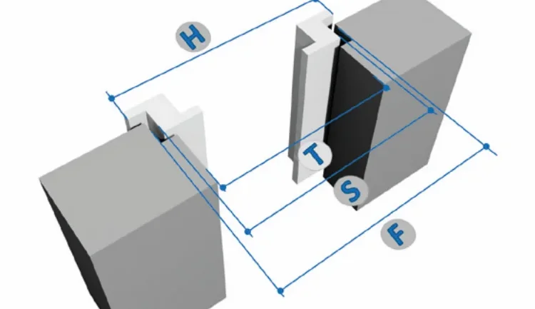 Schéma de la pose en feuillure : F se mesure en fond de feuillure, T au tableau extérieur