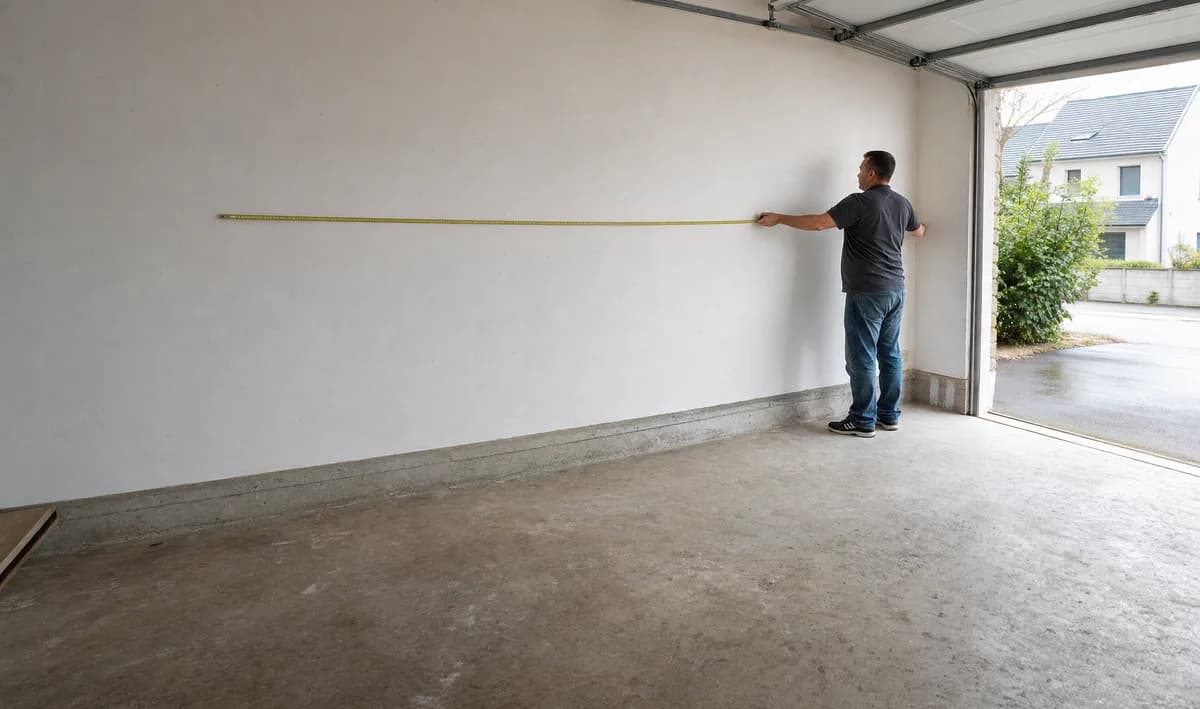 Mesure au mètre ruban de la longueur de mur libre à l’intérieur d’un garage, le long du mur latéral, depuis l’ouverture