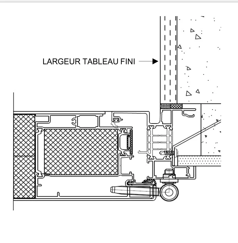 Coupe technique vue de dessus : pose en feuillure, repère « largeur tableau fini »