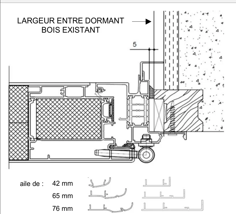 Coupe technique vue de dessus : pose en rénovation, repère « largeur entre l’ancien dormant »