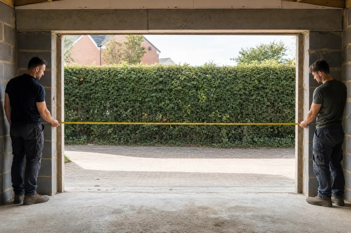 Deux personnes mesurent la largeur d’une ouverture de garage, le mètre ruban tendu d’un bord à l’autre