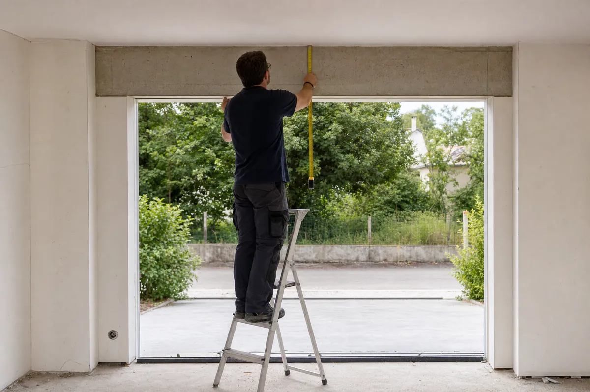 Mesure de la retombée de linteau entre le haut de l’ouverture et le plafond, depuis un escabeau