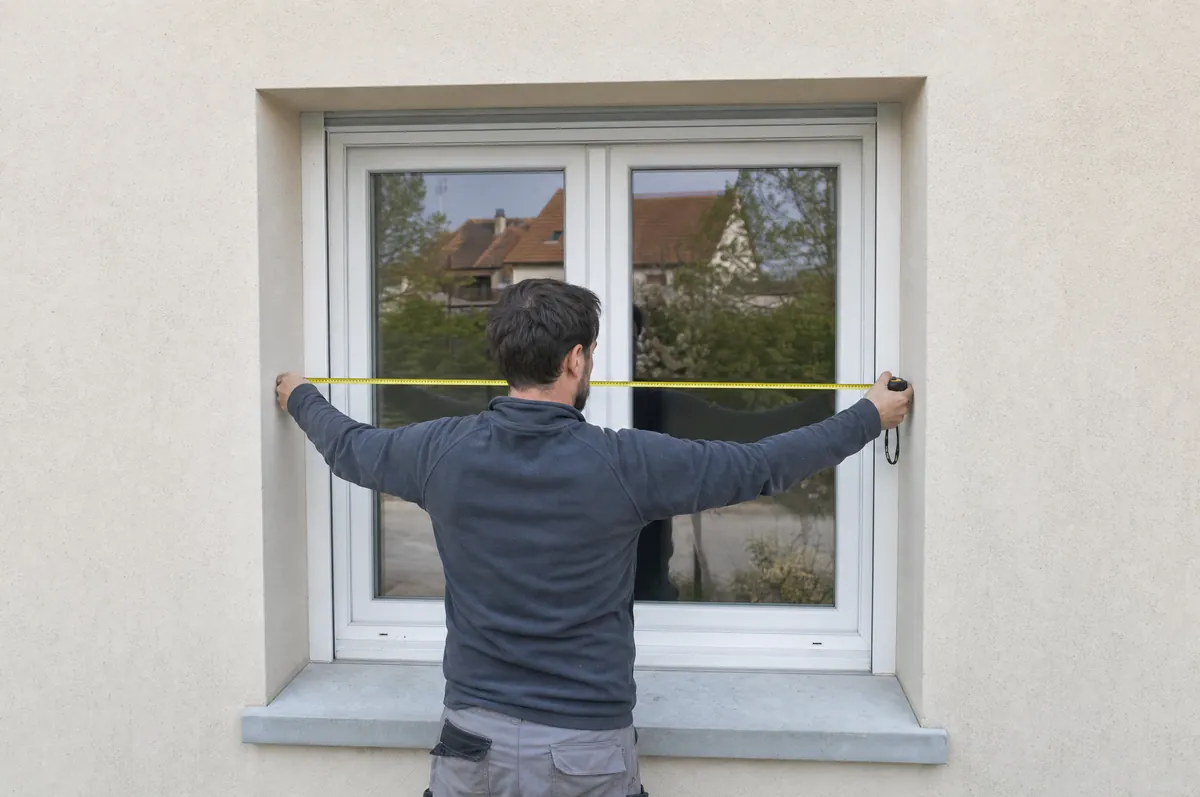 Mesure de la largeur d’un tableau de fenêtre depuis l’extérieur, le mètre tendu d’un côté à l’autre