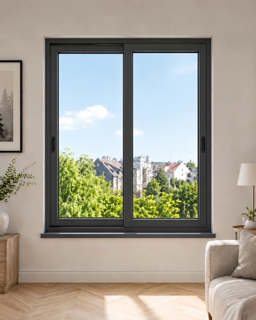 Fenêtre coulissante aluminium 2 vantaux gris anthracite, vue depuis la pièce