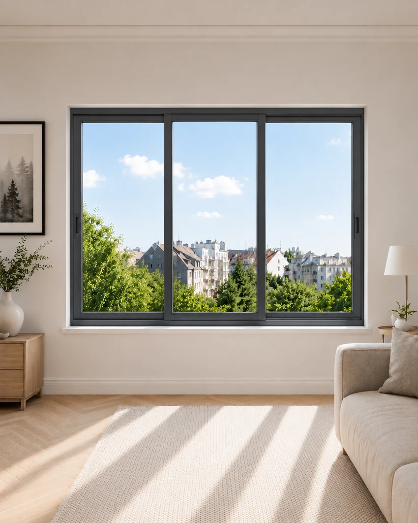 Fenêtre coulissante aluminium 3 vantaux gris anthracite dans un séjour, au-dessus d’une allège