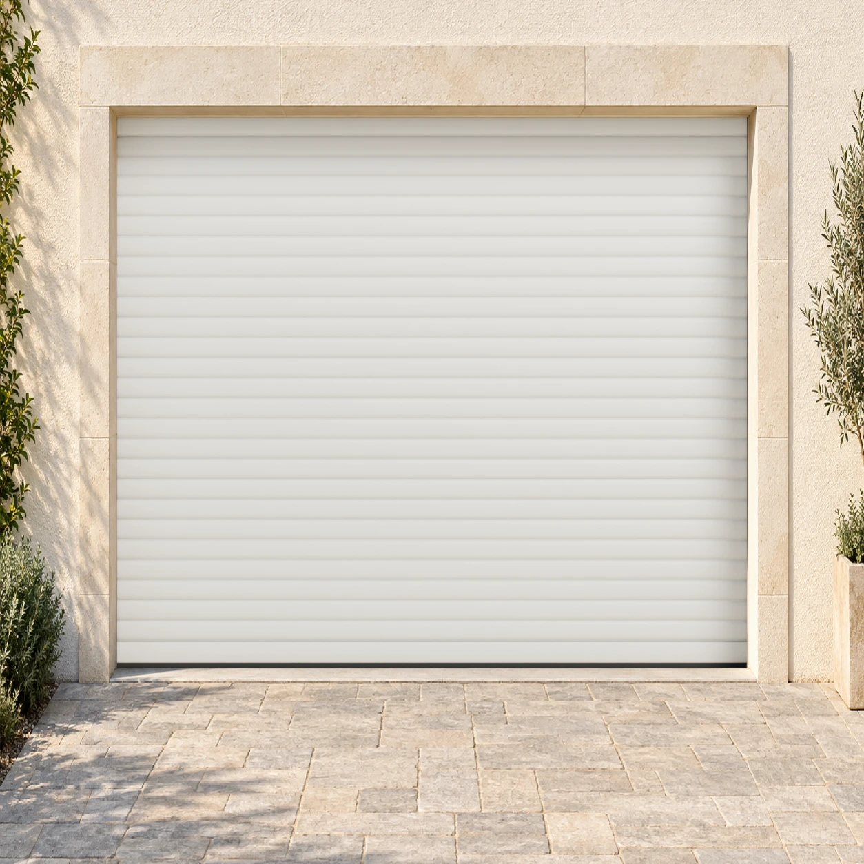 Porte de garage enroulable blanche, vue de face dans une façade claire — rendu 3D