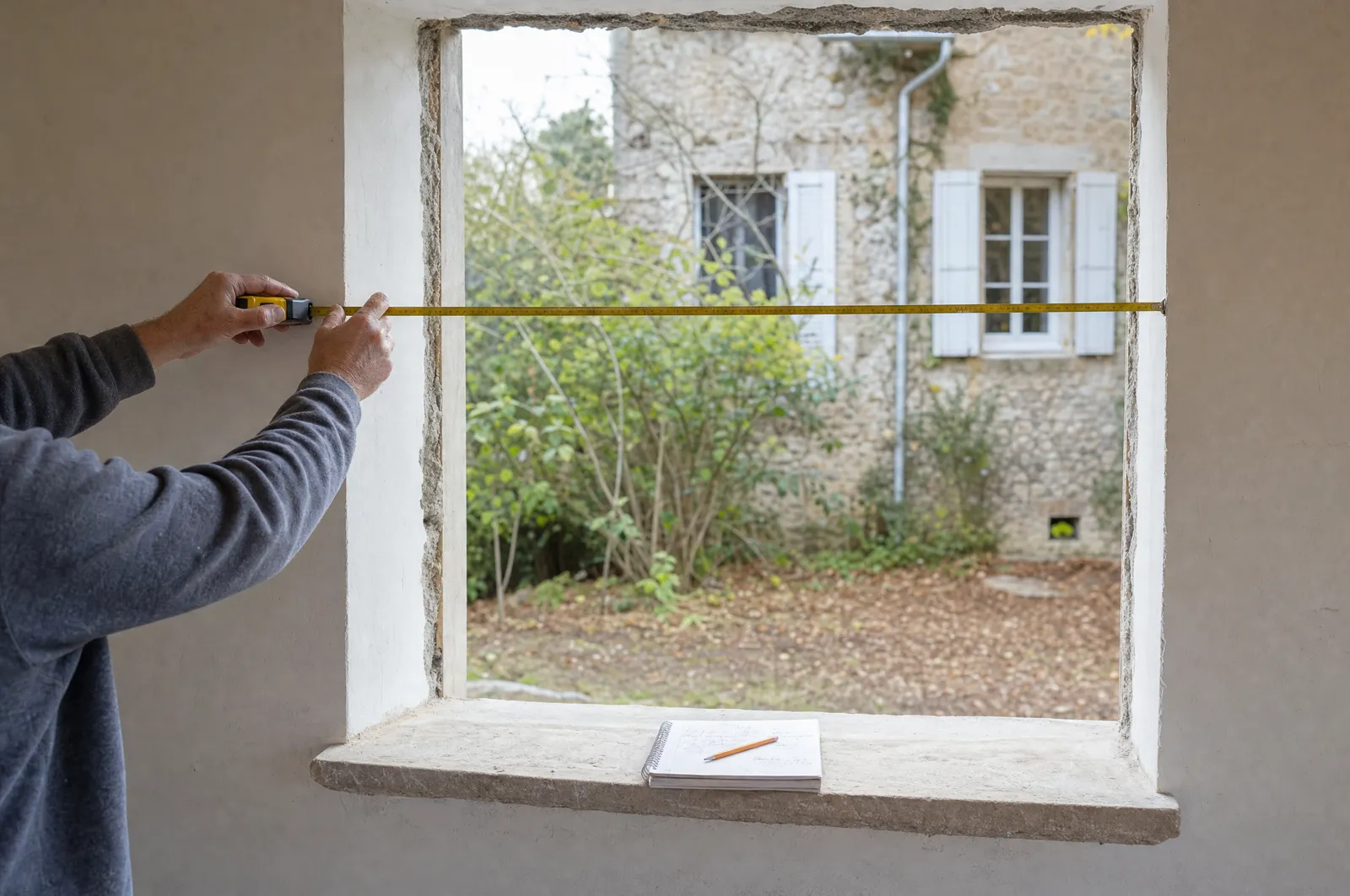 Mesure de la largeur d’une ouverture au mètre ruban, entre les murs finis
