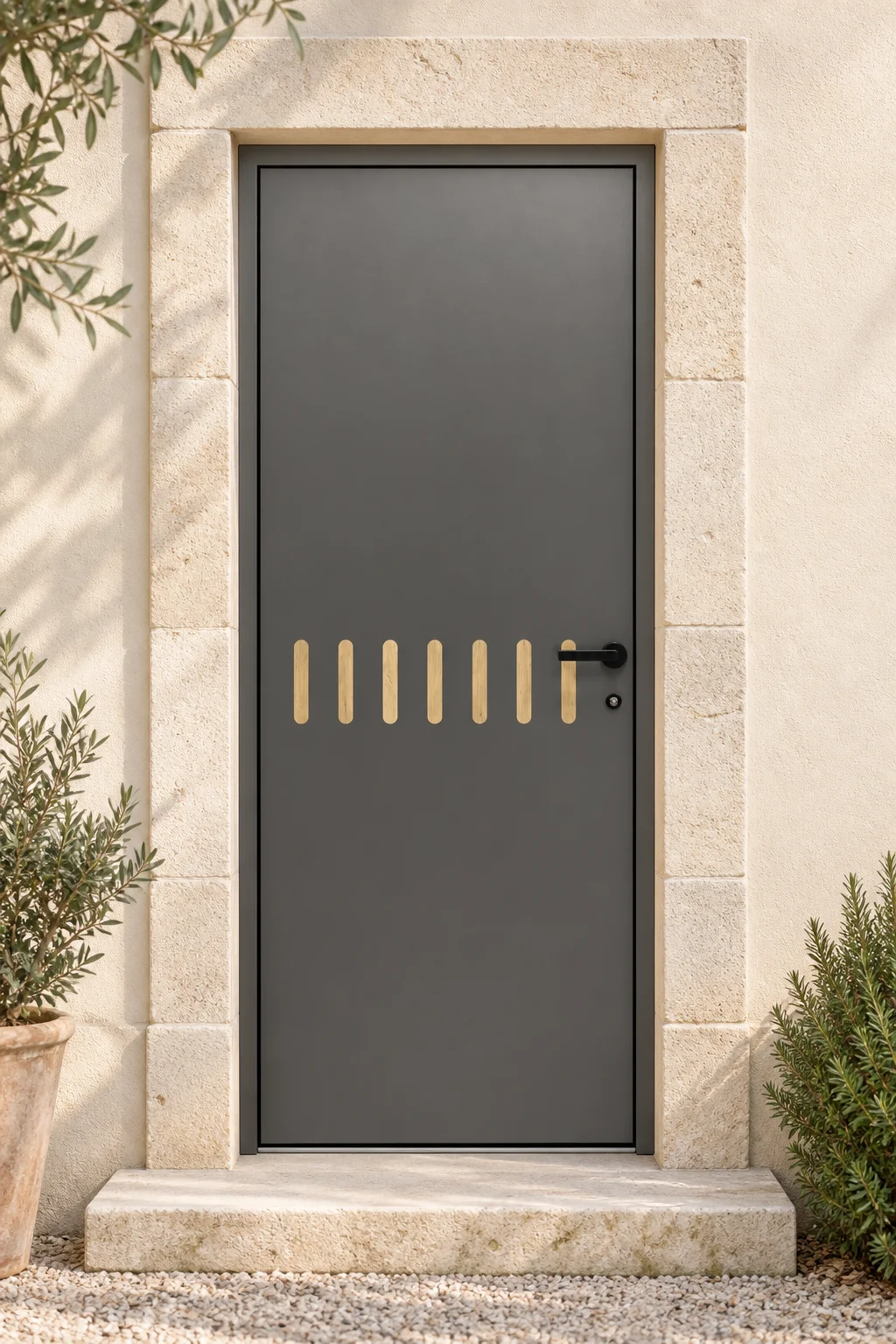 Porte d’entrée aluminium pleine Canola sur mesure en situation