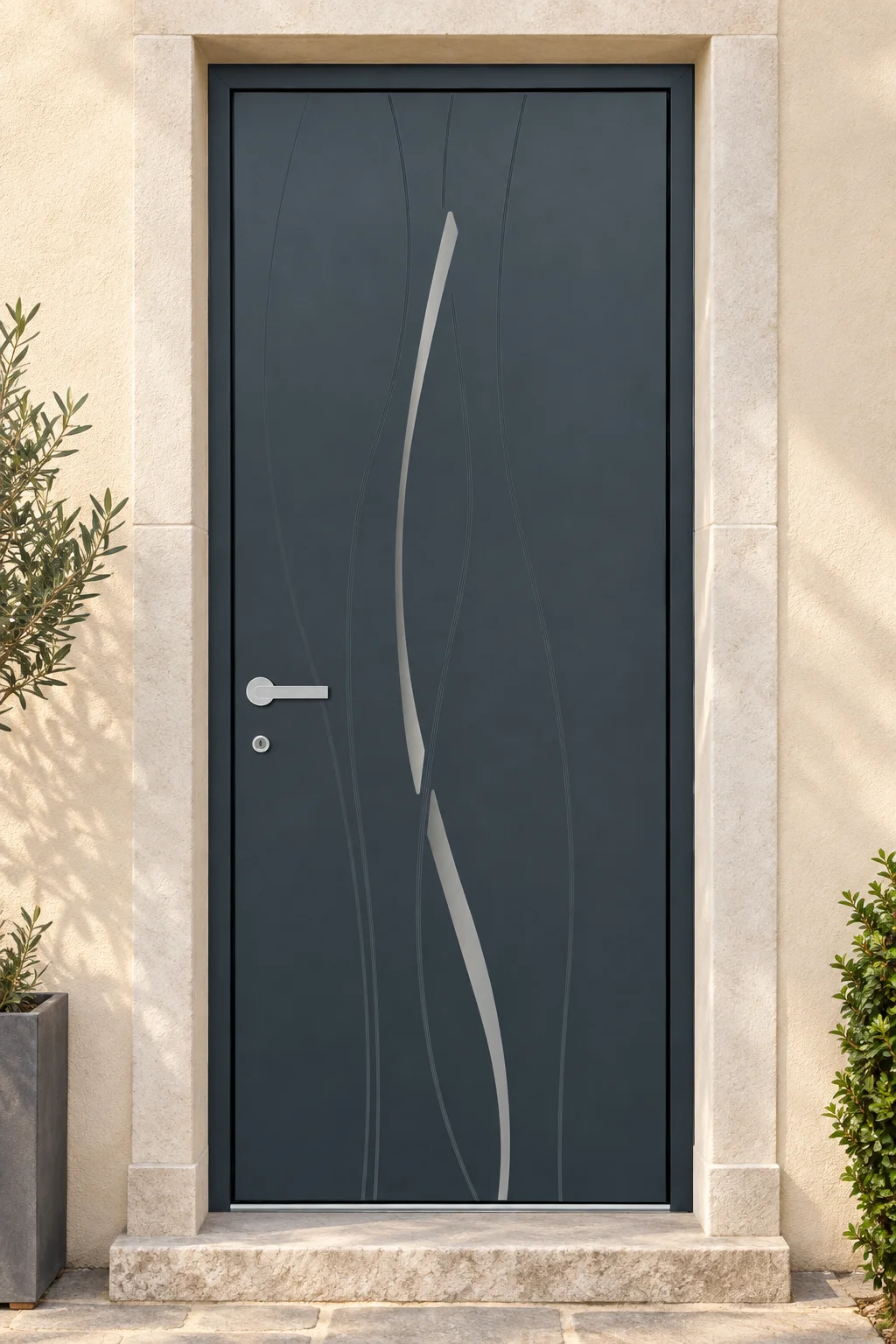 Porte d’entrée aluminium pleine India sur mesure en situation