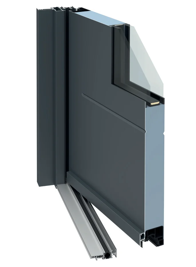 Coupe de la porte d’entrée acier 50 mm, avec son dormant isolé et son seuil.