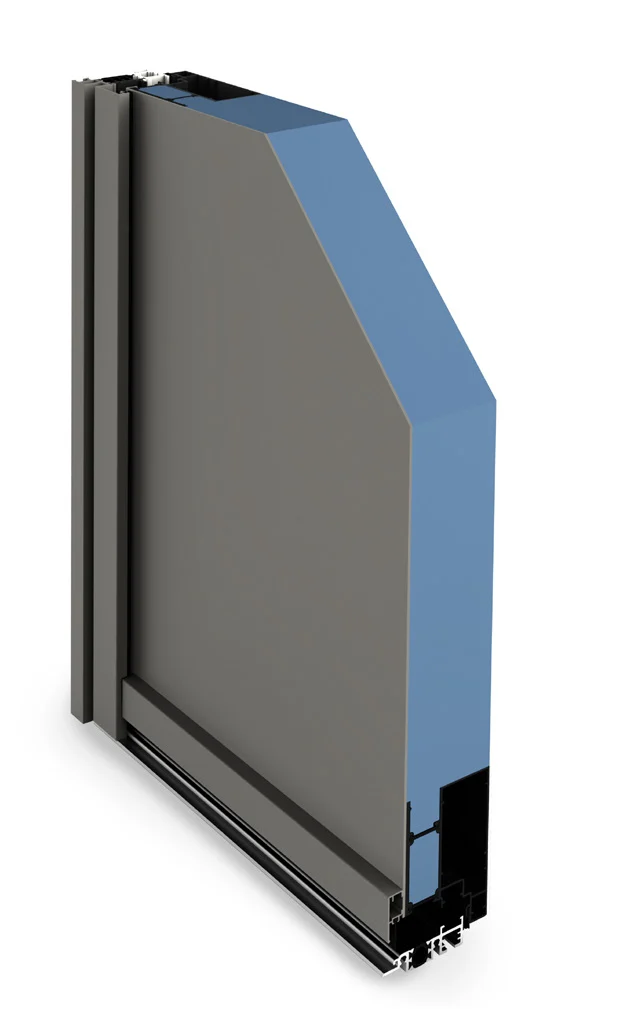 Coupe du panneau monobloc : parements aluminium et âme isolante