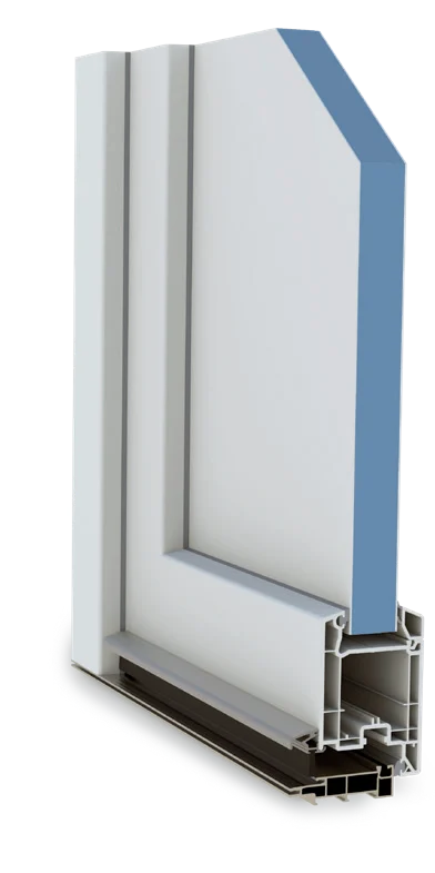 Coupe de la porte PVC : panneau isolant de 32 mm, profilés à chambres et seuil réduit.