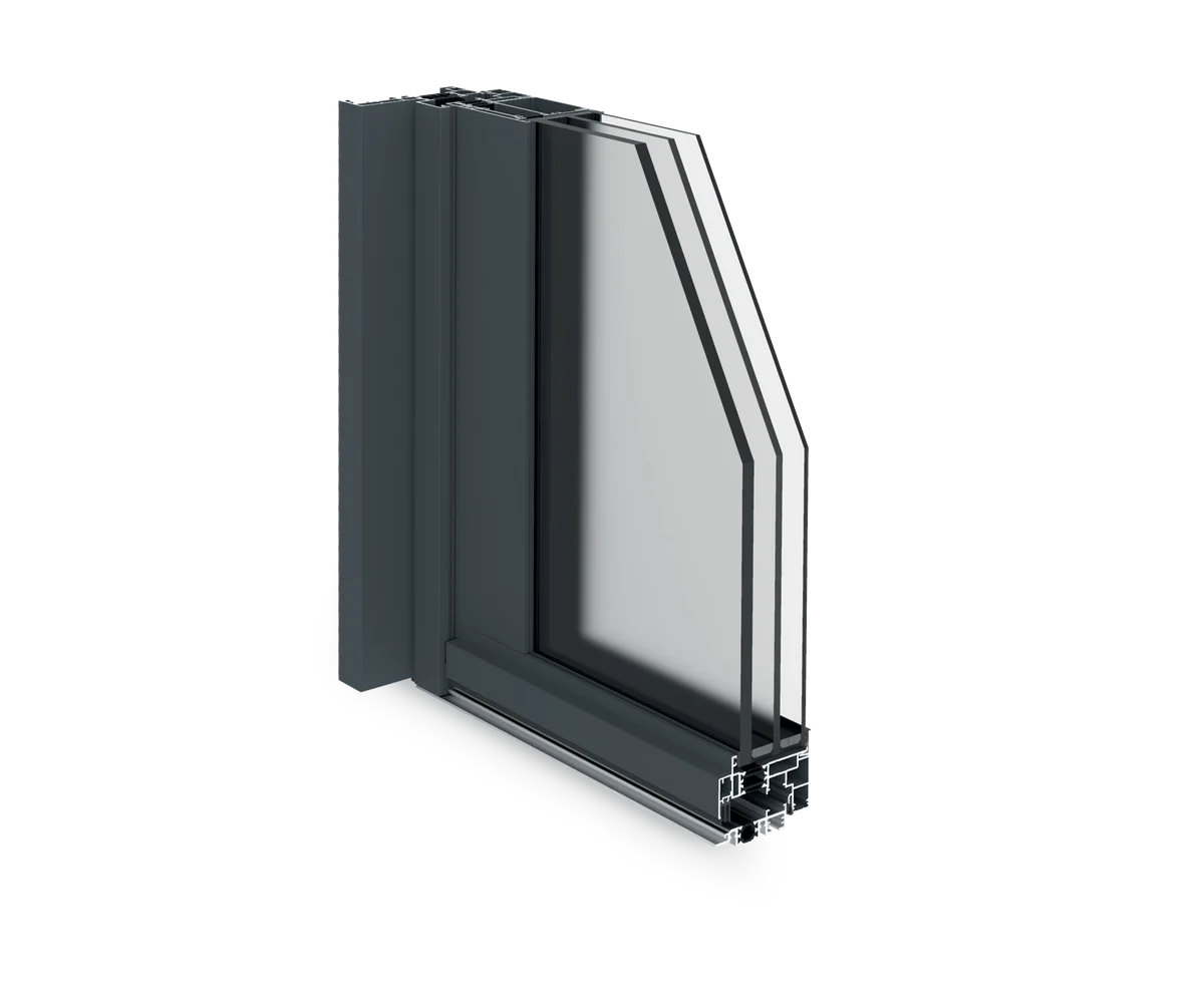 Coupe de la porte aluminium vitrée 72 mm : profilés, triple vitrage et seuil.