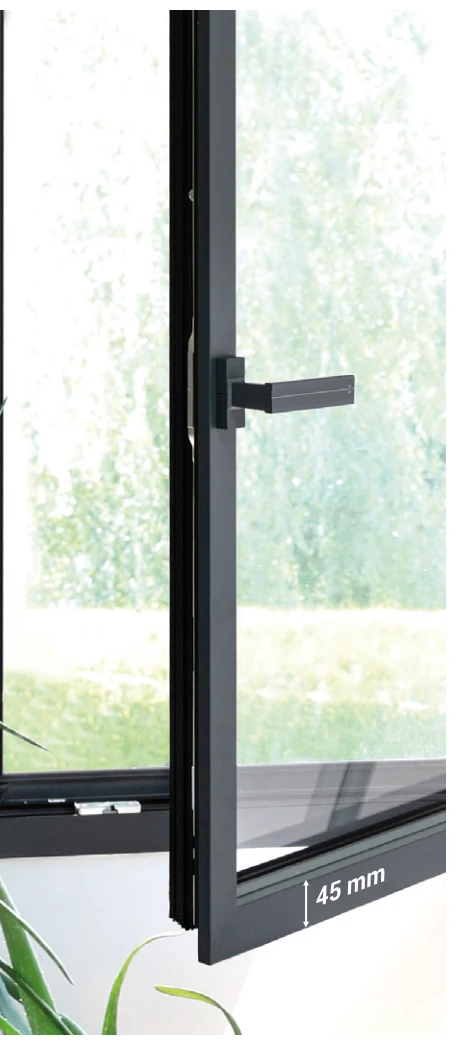 Détail de la traverse d’ouvrant aluminium avec sa cote de 45 mm