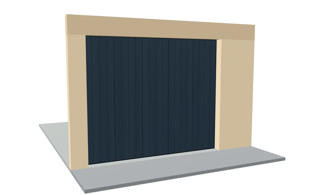 Porte de garage sectionnelle latérale gris anthracite à panneaux verticaux en 3D, fermée, vue de la rue dans sa baie