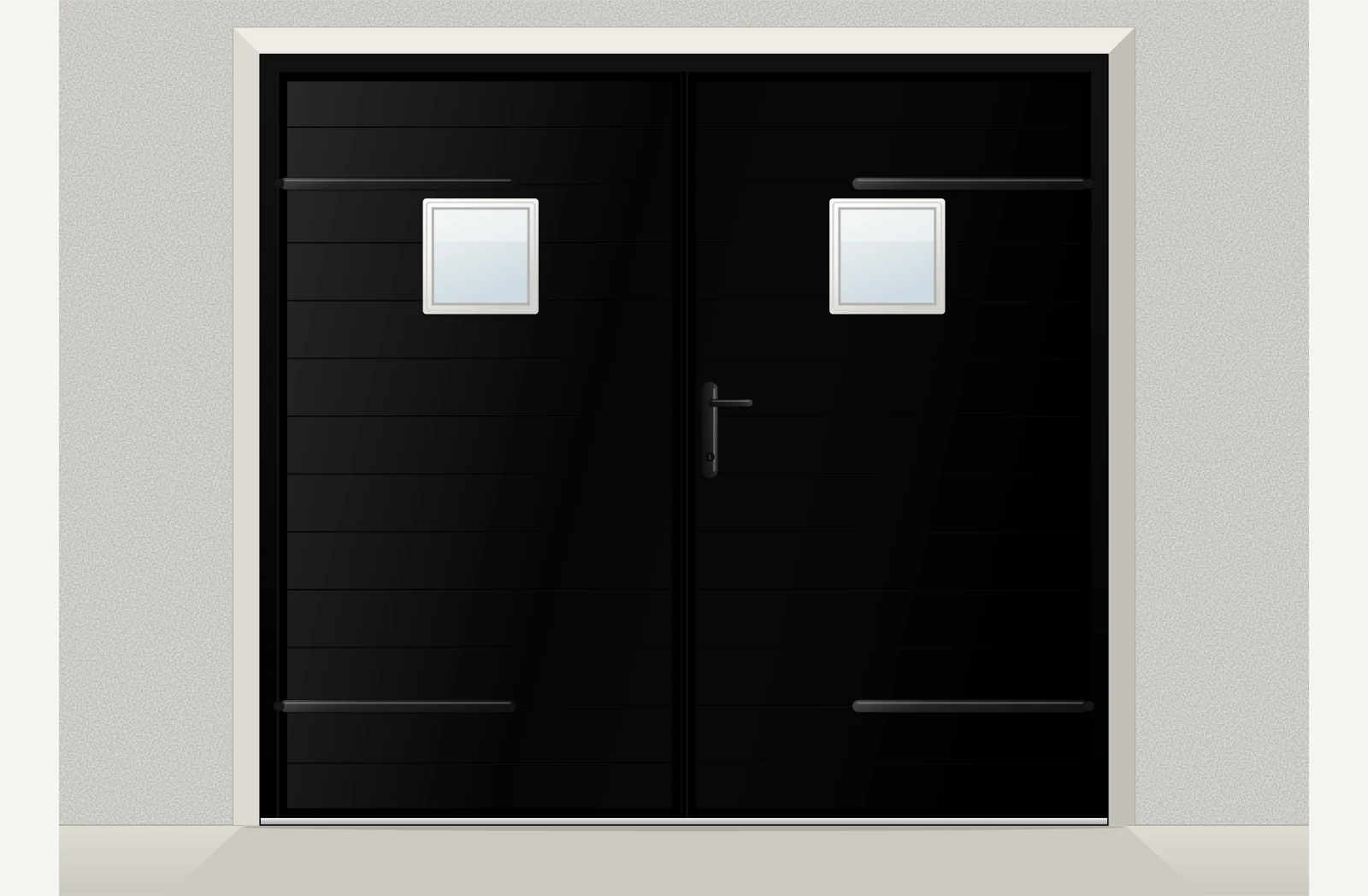 Porte de garage battante aluminium extrudé 2 vantaux avec hublots sur mesure – Noir 2100 sablé