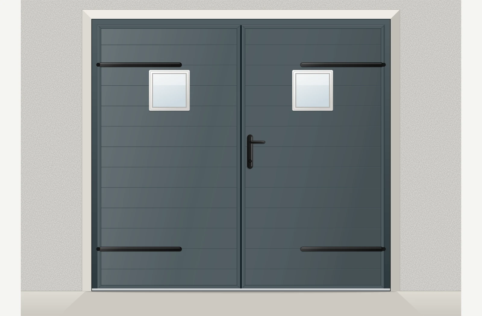 Porte de garage battante aluminium extrudé 2 vantaux avec hublots sur mesure – Anthracite RAL 7016
