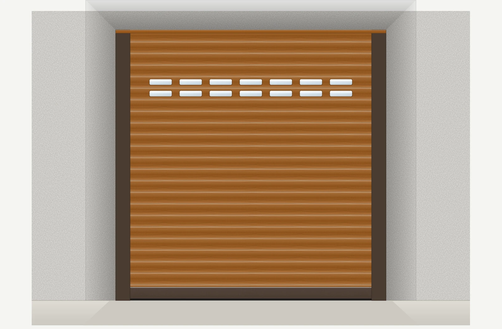 Porte de garage enroulable aluminium motorisée Somfy io avec hublots sur mesure – Chêne doré