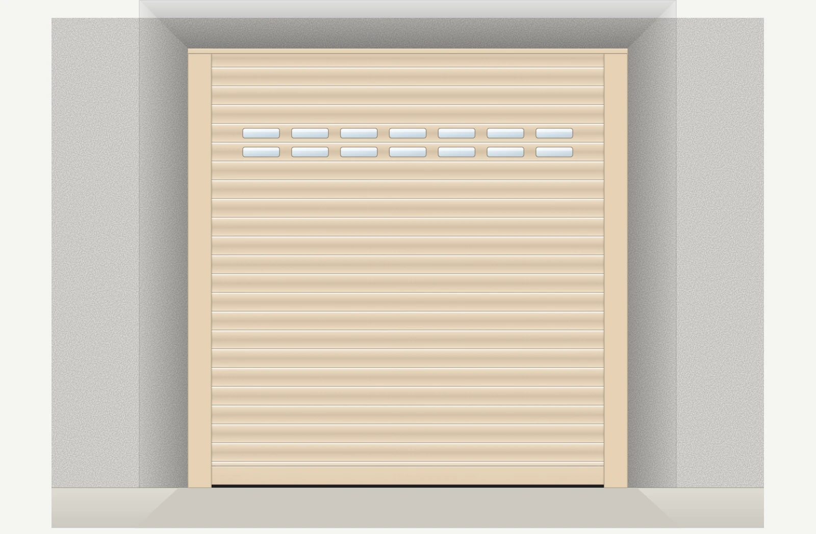 Porte de garage enroulable aluminium motorisée Somfy io avec hublots sur mesure – Ivoire clair RAL 1015