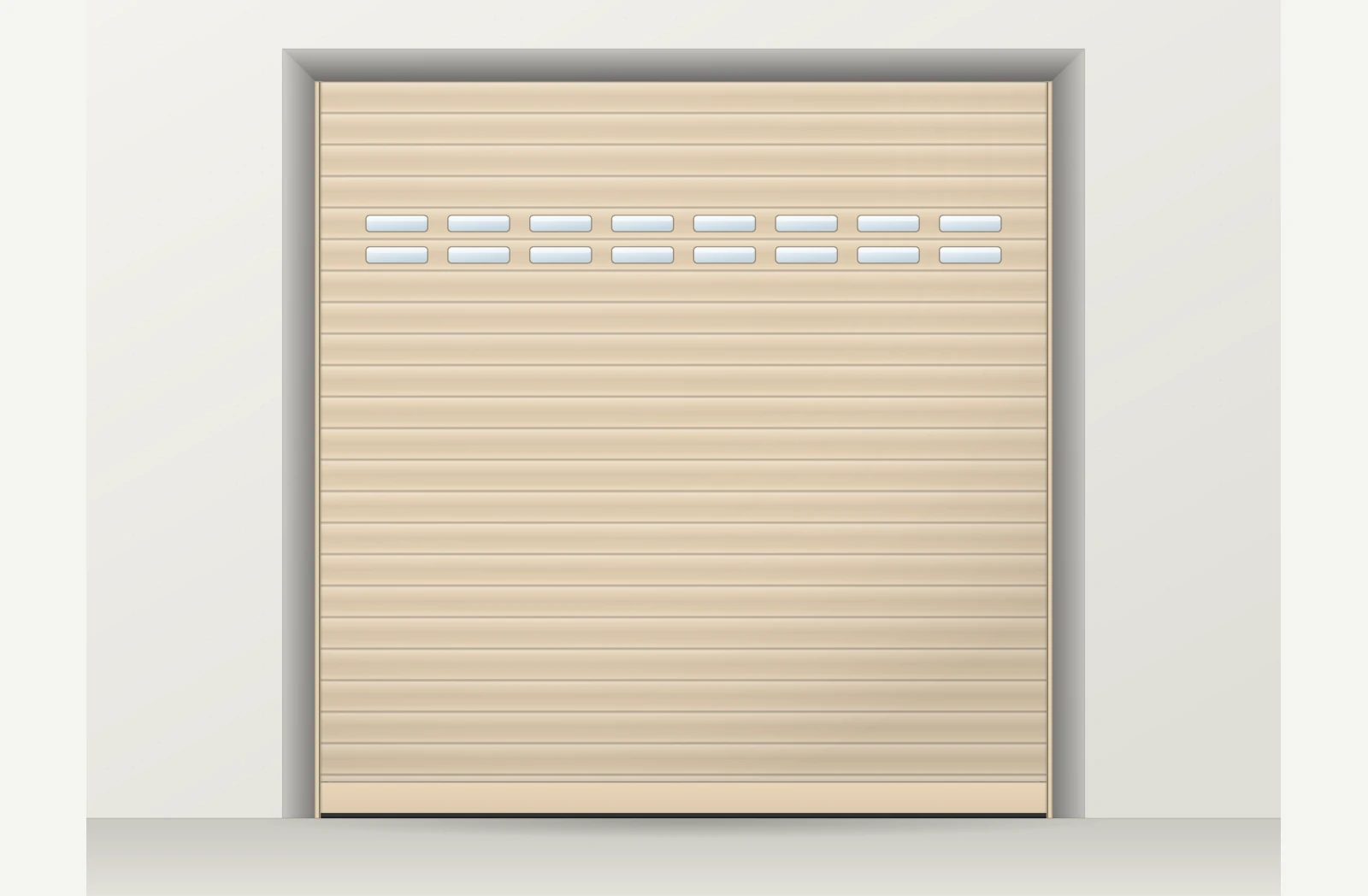 Porte de garage enroulable aluminium motorisée Somfy io avec hublots sur mesure – Ivoire clair RAL 1015