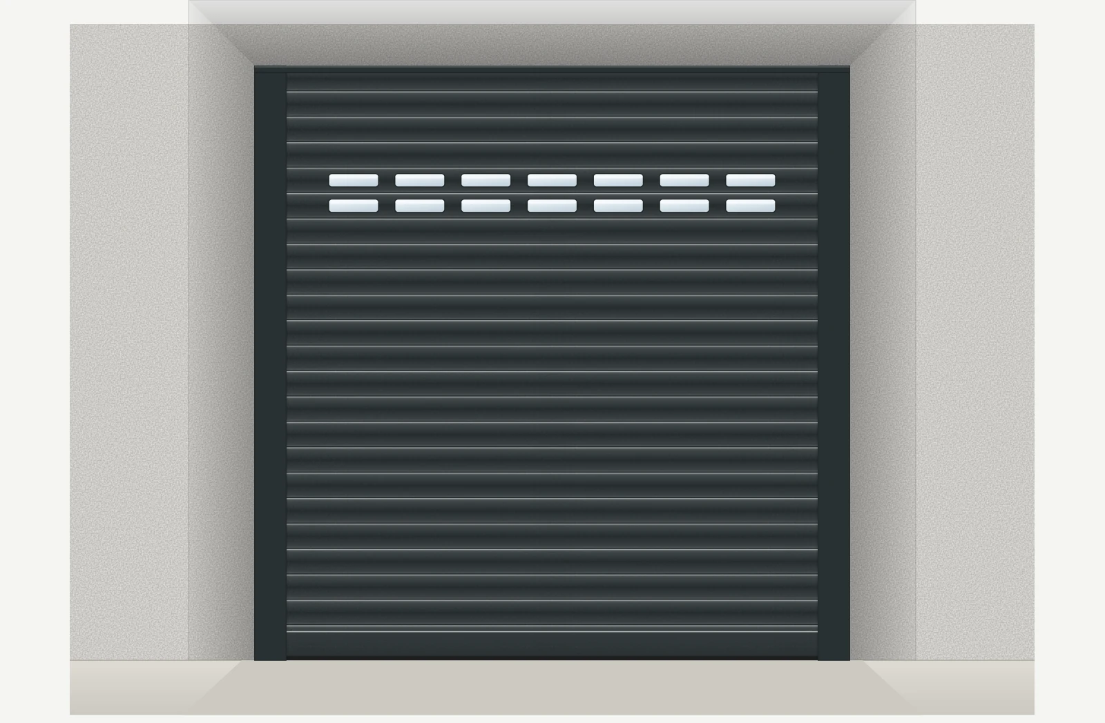 Porte de garage enroulable aluminium motorisée Somfy io avec hublots sur mesure – Gris anthracite RAL 7016