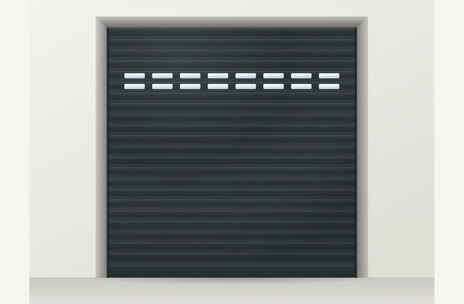 Porte de garage enroulable aluminium motorisée Somfy io avec hublots sur mesure – Gris anthracite RAL 7016