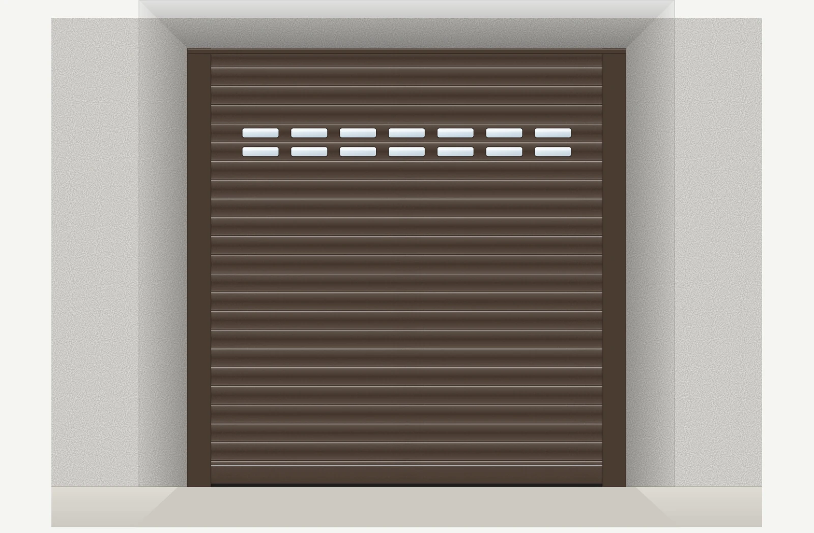 Porte de garage enroulable aluminium motorisée Somfy io avec hublots sur mesure – Brun sépia RAL 8014