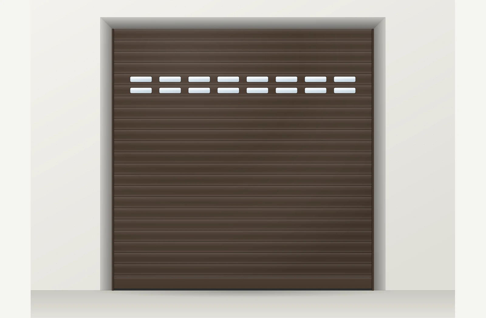 Porte de garage enroulable aluminium motorisée Somfy io avec hublots sur mesure – Brun sépia RAL 8014