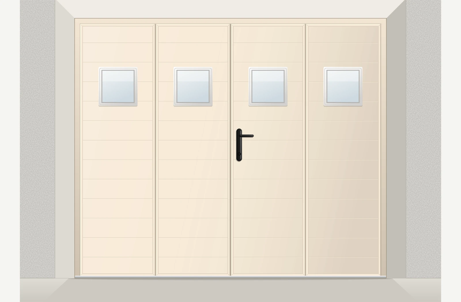 Porte de garage à la française aluminium extrudé 4 vantaux avec hublots sur mesure – Ivoire RAL 1015