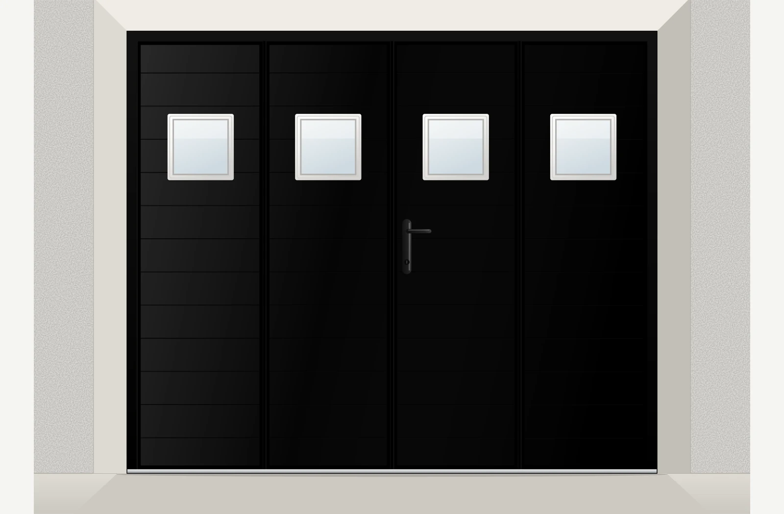 Porte de garage à la française aluminium extrudé 4 vantaux avec hublots sur mesure – Noir 2100 sablé