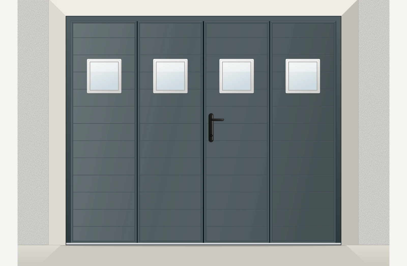 Porte de garage à la française aluminium extrudé 4 vantaux avec hublots sur mesure – Anthracite RAL 7016