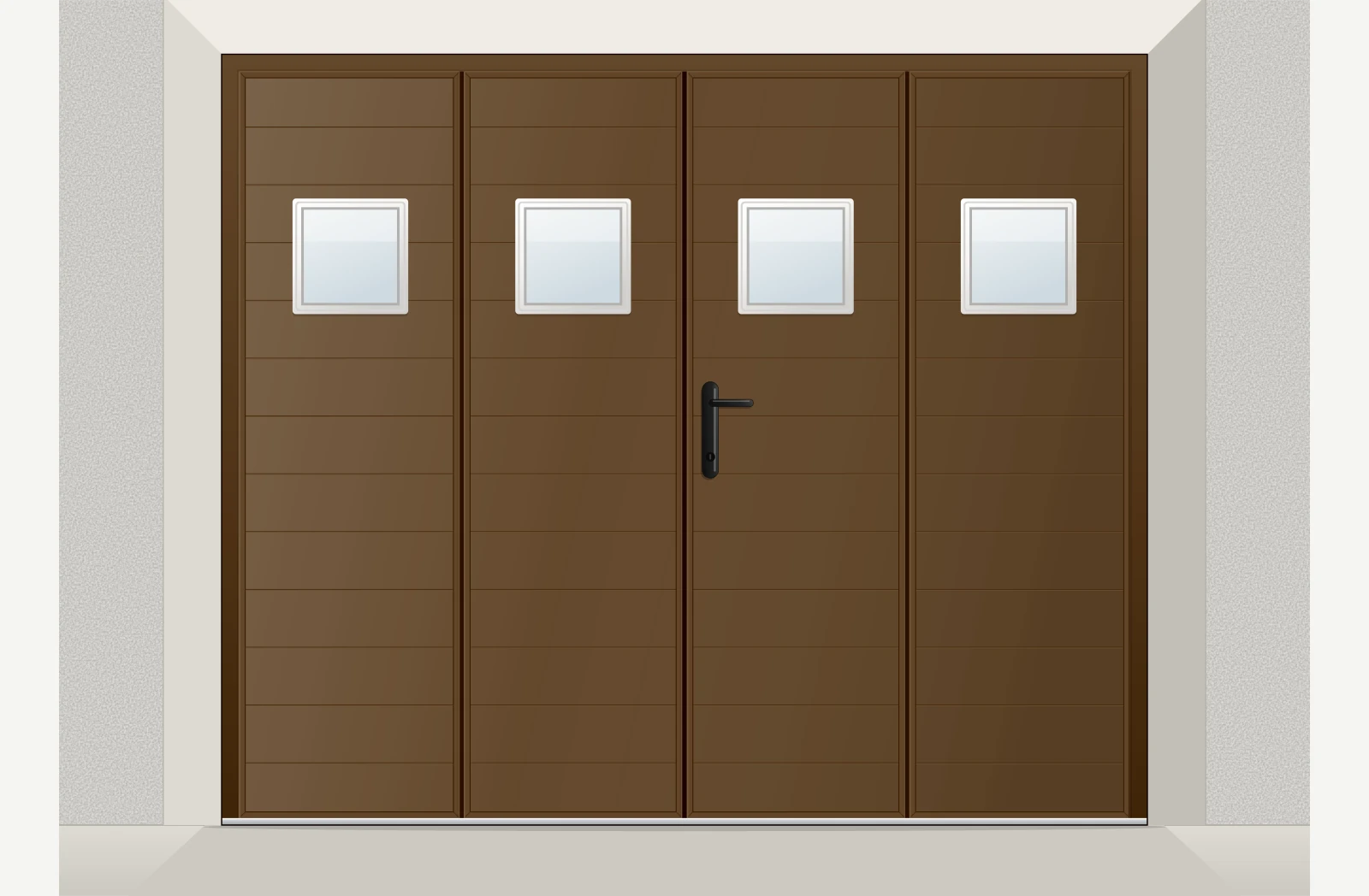 Porte de garage à la française aluminium extrudé 4 vantaux avec hublots sur mesure – Brun RAL 8014