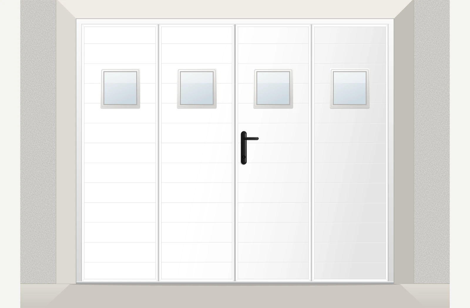 Porte de garage à la française aluminium extrudé 4 vantaux avec hublots sur mesure – Blanc RAL 9016