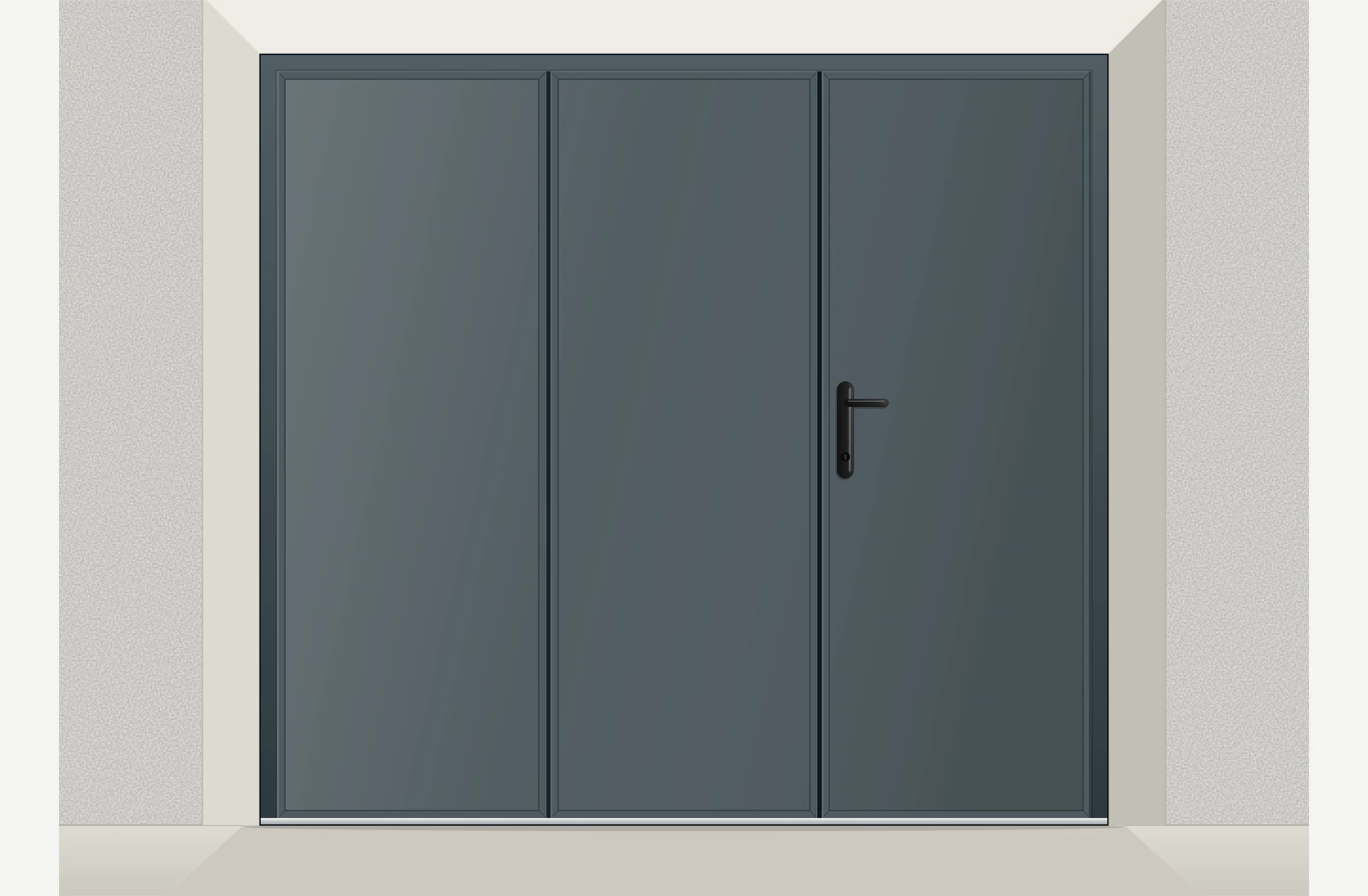 Porte de garage à la française aluminium isolé lisse 3 vantaux avec accès piéton sur mesure – Anthracite RAL 7016