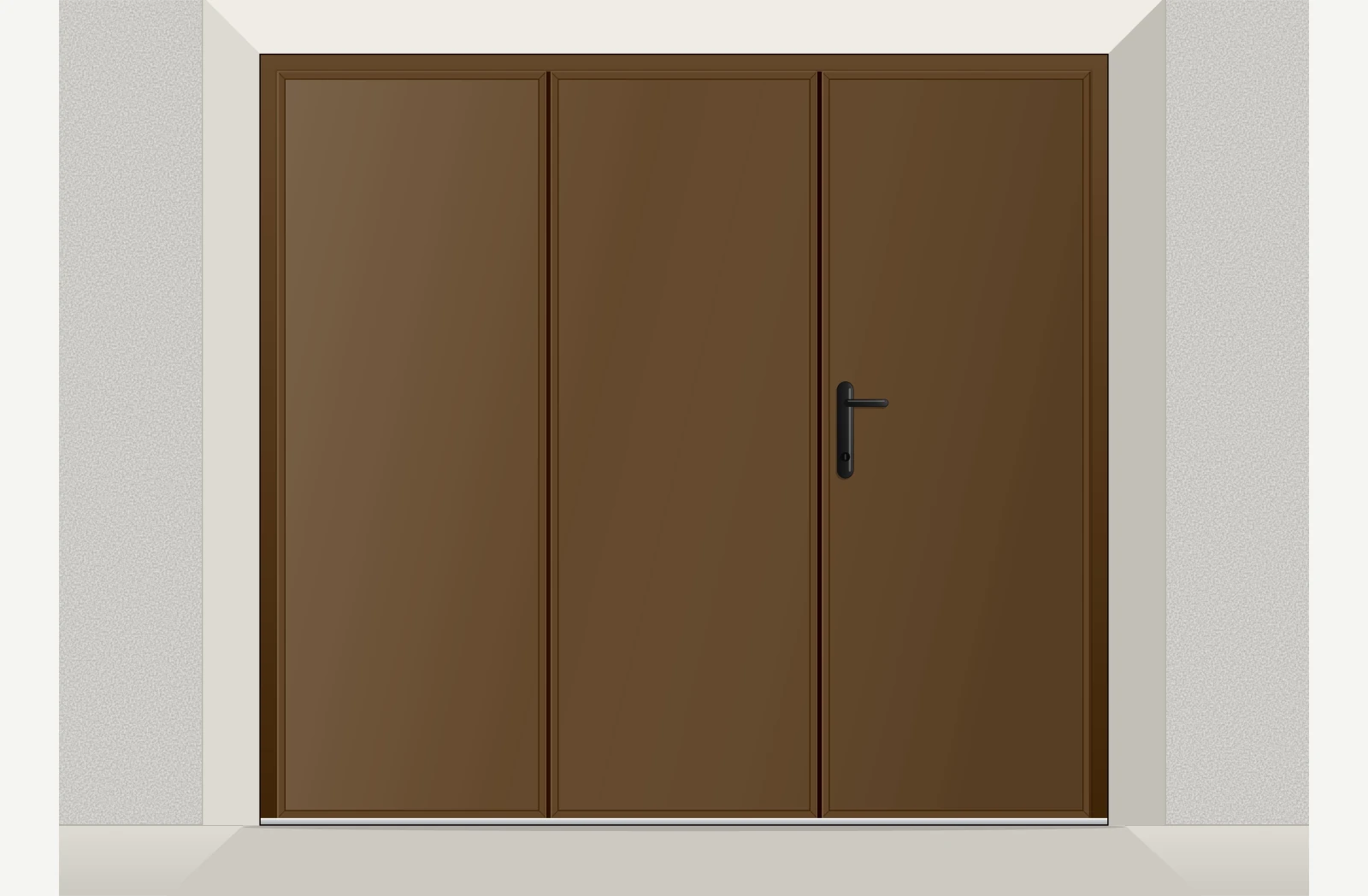 Porte de garage à la française aluminium isolé lisse 3 vantaux avec accès piéton sur mesure – Brun RAL 8014