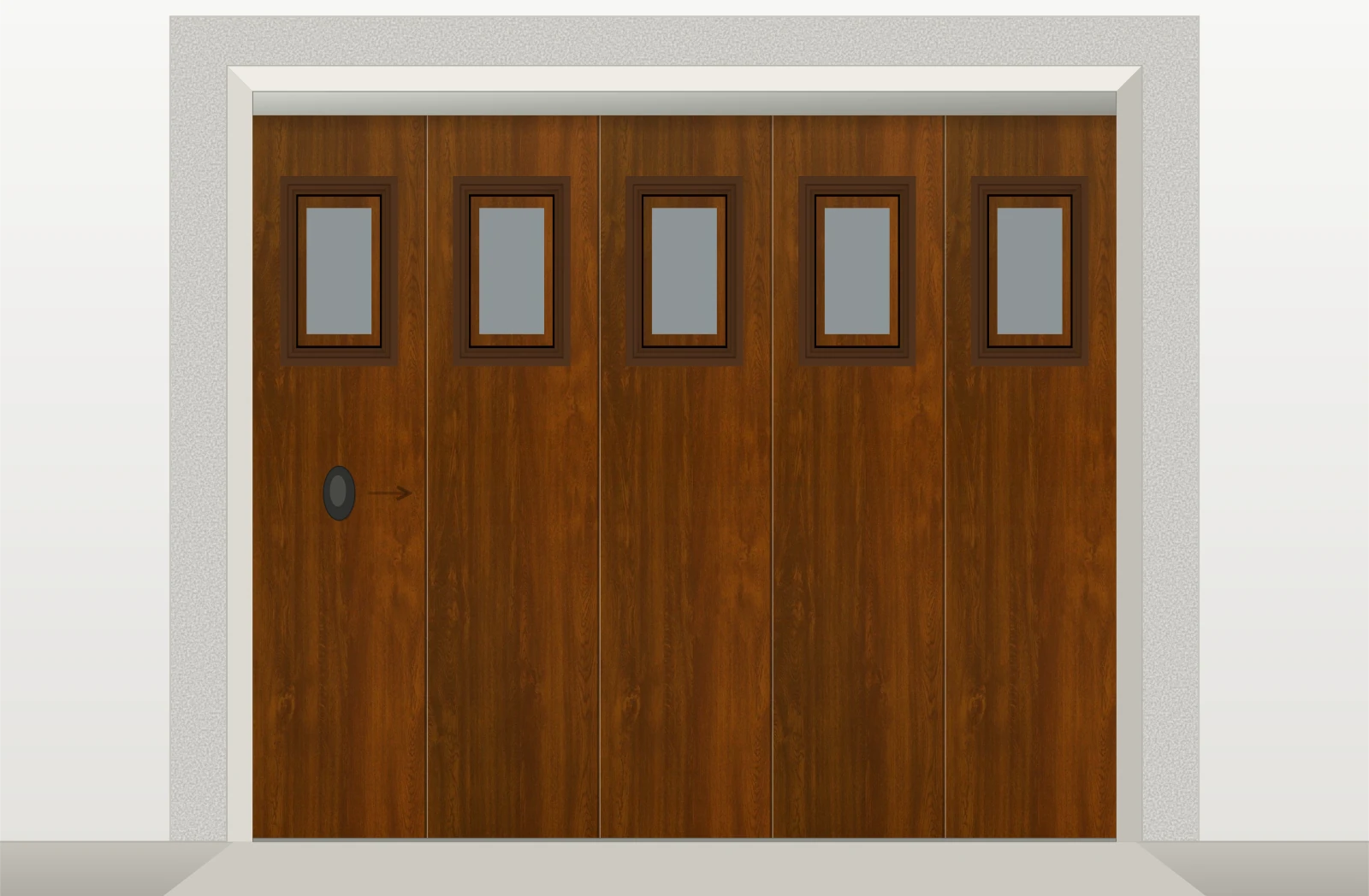 Porte de garage sectionnelle latérale lisse avec hublots sur mesure – Décor bois foncé