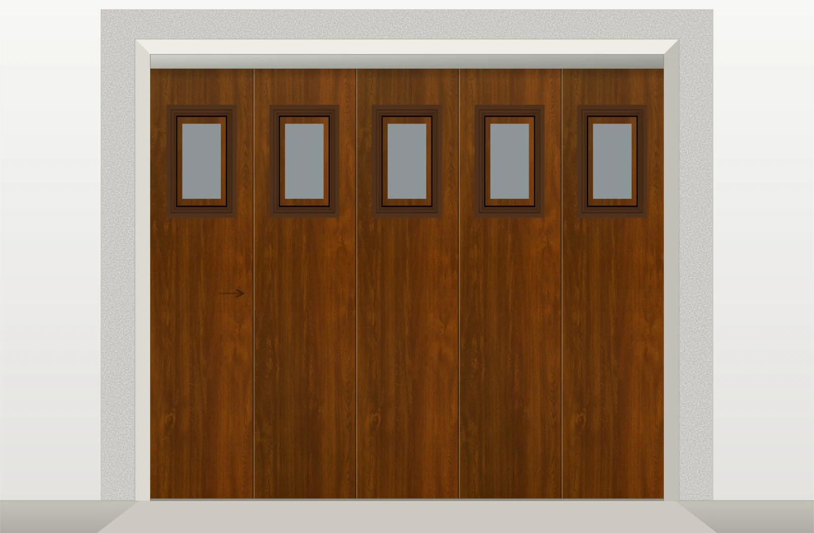 Porte de garage sectionnelle latérale lisse avec hublots sur mesure – Décor bois foncé
