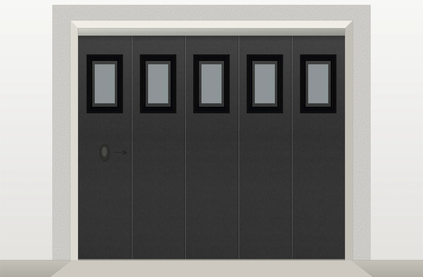 Porte de garage sectionnelle latérale lisse avec hublots sur mesure – Sablé noir RAL 9005
