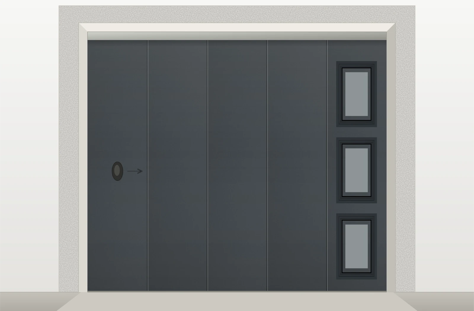 Porte de garage sectionnelle latérale lisse motorisée Somfy avec hublots sur mesure – Gris anthracite RAL 7016